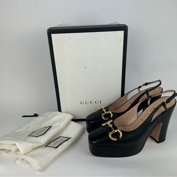 Gucci Horsebit Baby Platform Slingback Black Pumps Heels Size 40 - Picture 1 of 12
